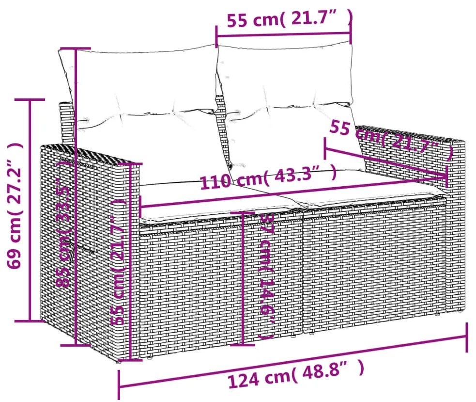 5 pcs conjunto sofás p/ jardim c/ almofadões vime PE castanho