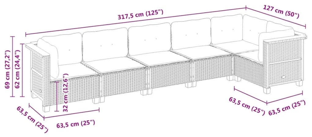 6 pcs conjunto de sofás p/ jardim com almofadões vime PE bege