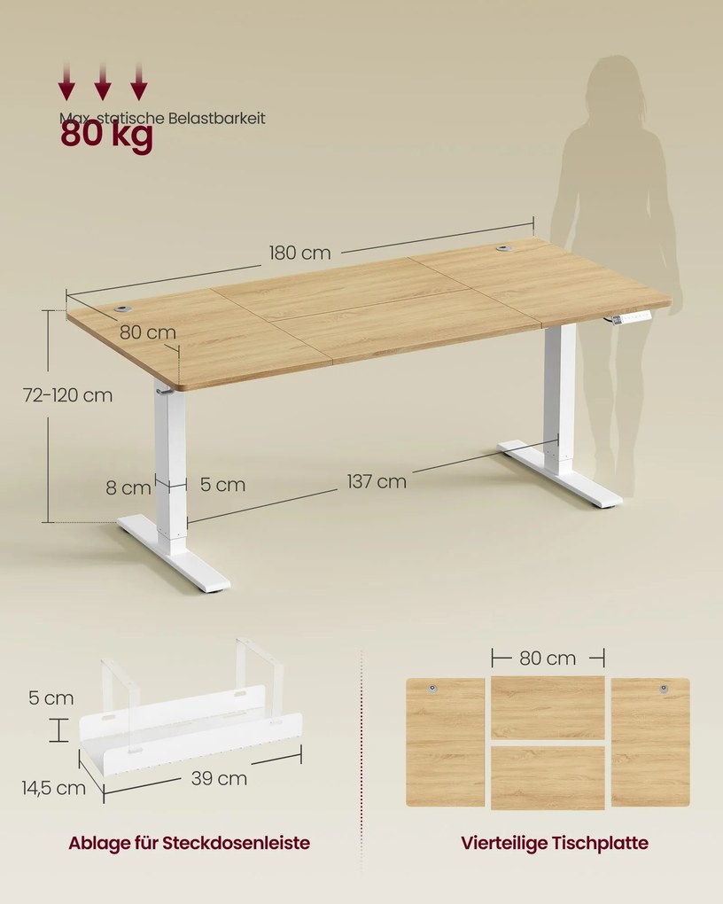 Secretária elétrica ajustável em altura com porta USB-C, 180 x 80 cm carvalho dourado e branco