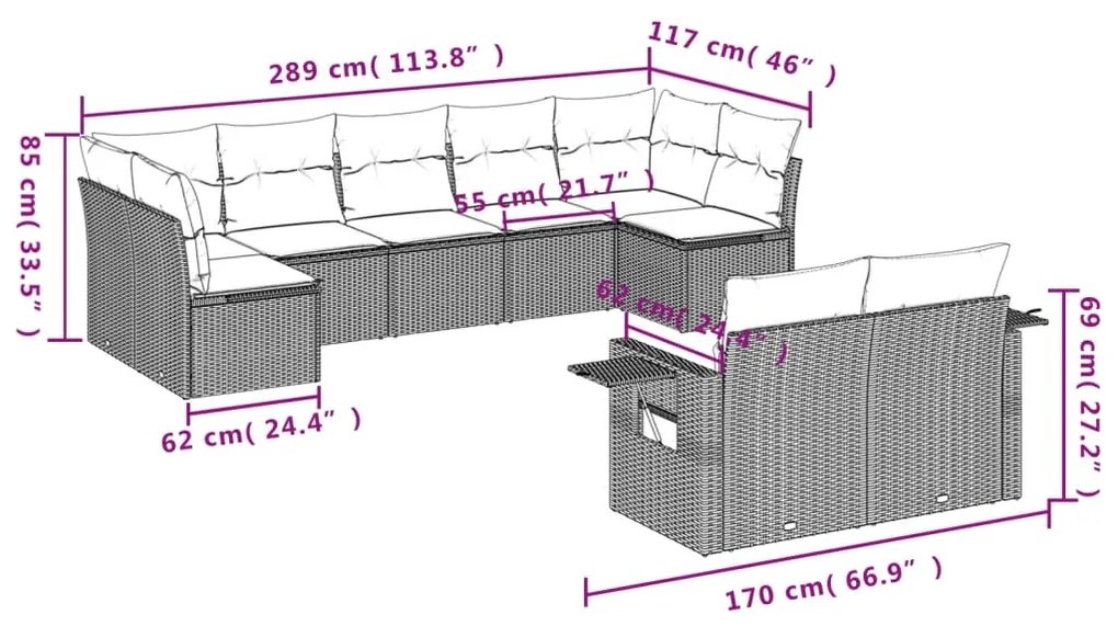 9 pcs conj. sofás jardim com almofadões vime PE cinzento-claro