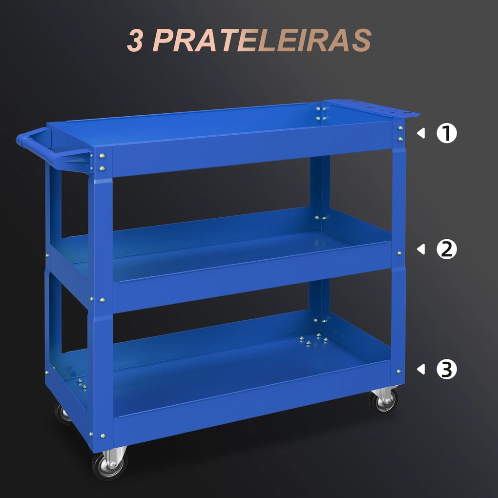 Carrinho de Ferramentas com Rodas 3 Prateleiras de Armazenamento e Alça Lateral 83x35,3x76 cm Azul