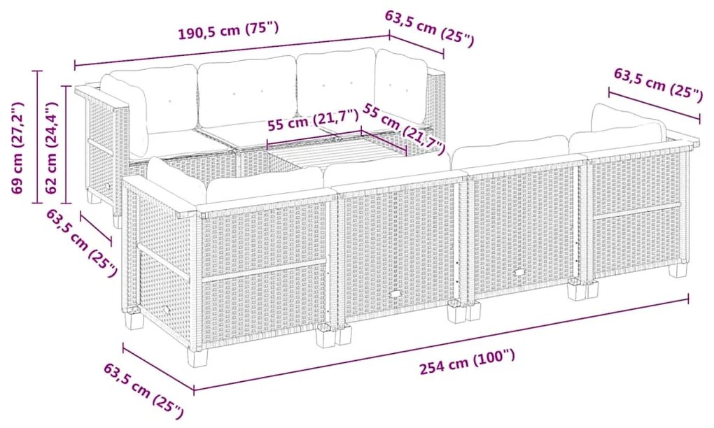 8 pcs conjunto de sofás p/ jardim com almofadões vime PE bege