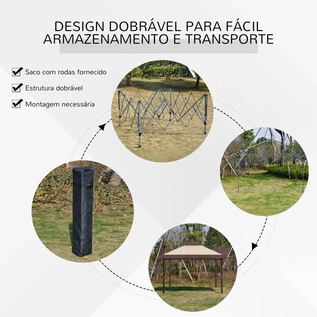 Pérgola Dobrável 3,85x3,85 m Pérgola de Jardim com Telhado Duplo Altura Ajustável para Festas Casamentos Cáqui e Café