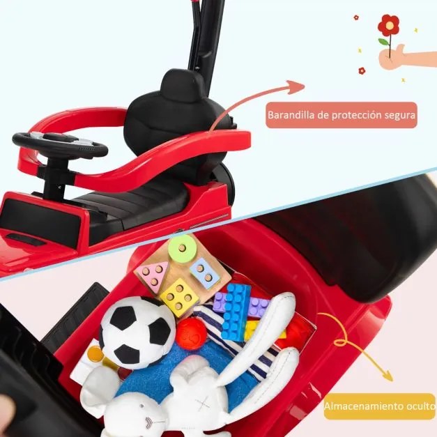 Carro de passeio 3 em 1 para crianças com capota ajustável, alça para os pais, barra de apoio para os braços, som de motor e buzina vermelho