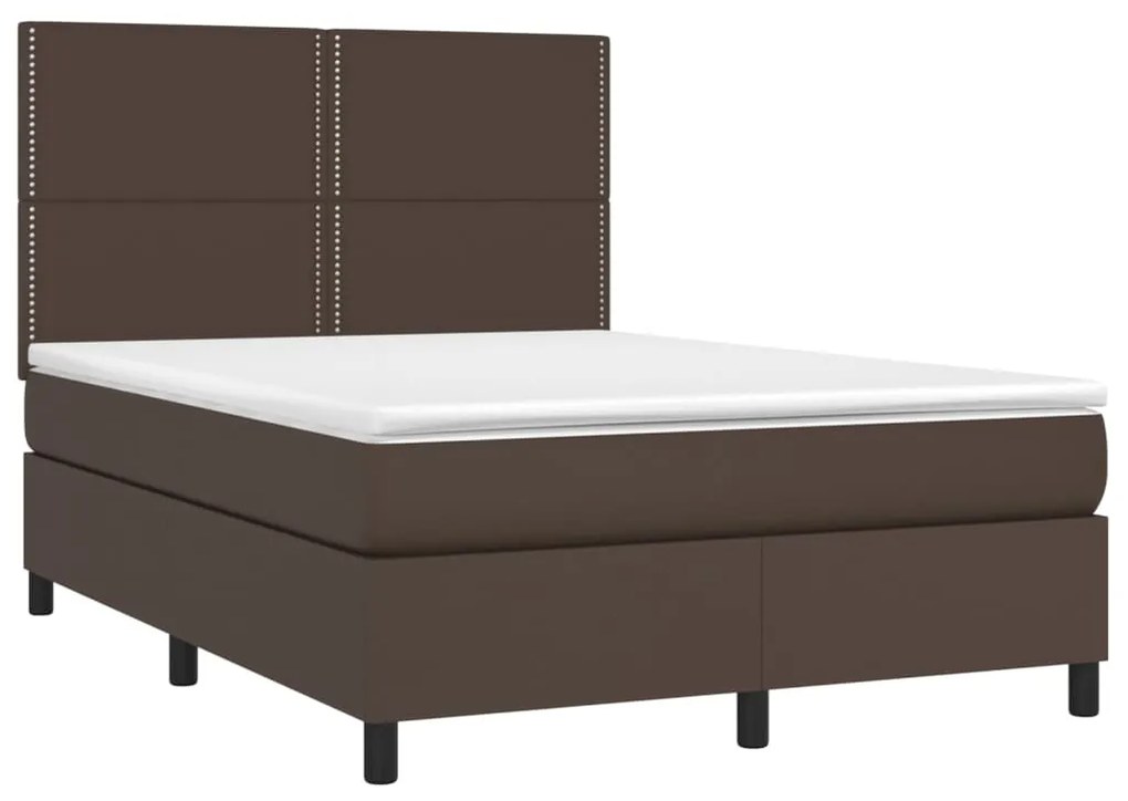 Cama box spring c/ colchão/LED 140x200 cm couro artif. castanho