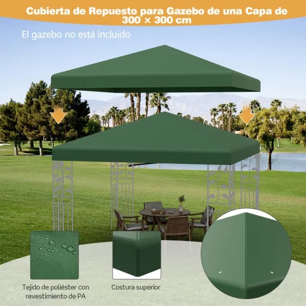 Toldo de substituição para tenda de 300 x 300 cm de poliéster para pátio com orifícios de drenagem em velcro verde