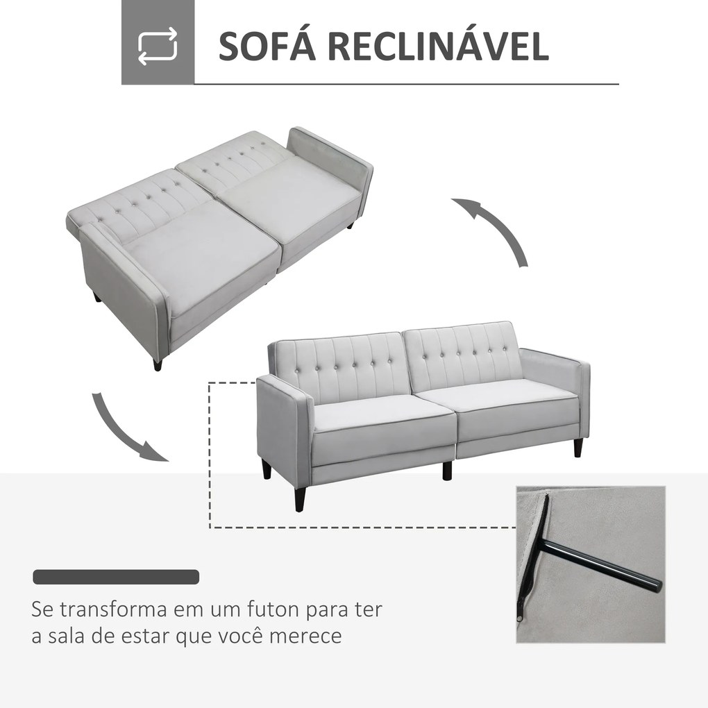 HOMCOM Sofá de 2 Lugares Convertível em Cama Estofado Aveludado com Encosto Ajustável e Pés de Madeira para Sala de Estar Escritório 189x81x83,5cm Cinza
