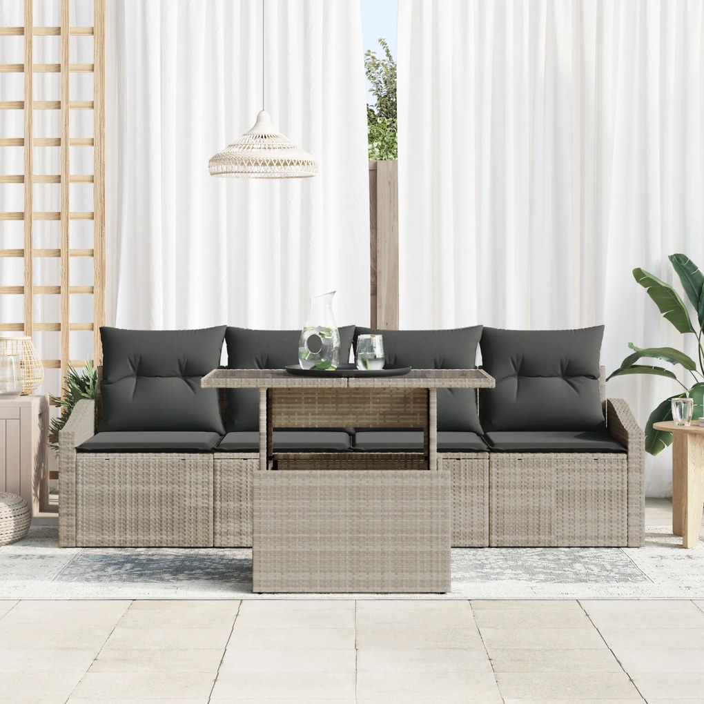 Conjunto de Sofás de Jardim 5 Peças com Almofadas Cinza Claro em Ratta