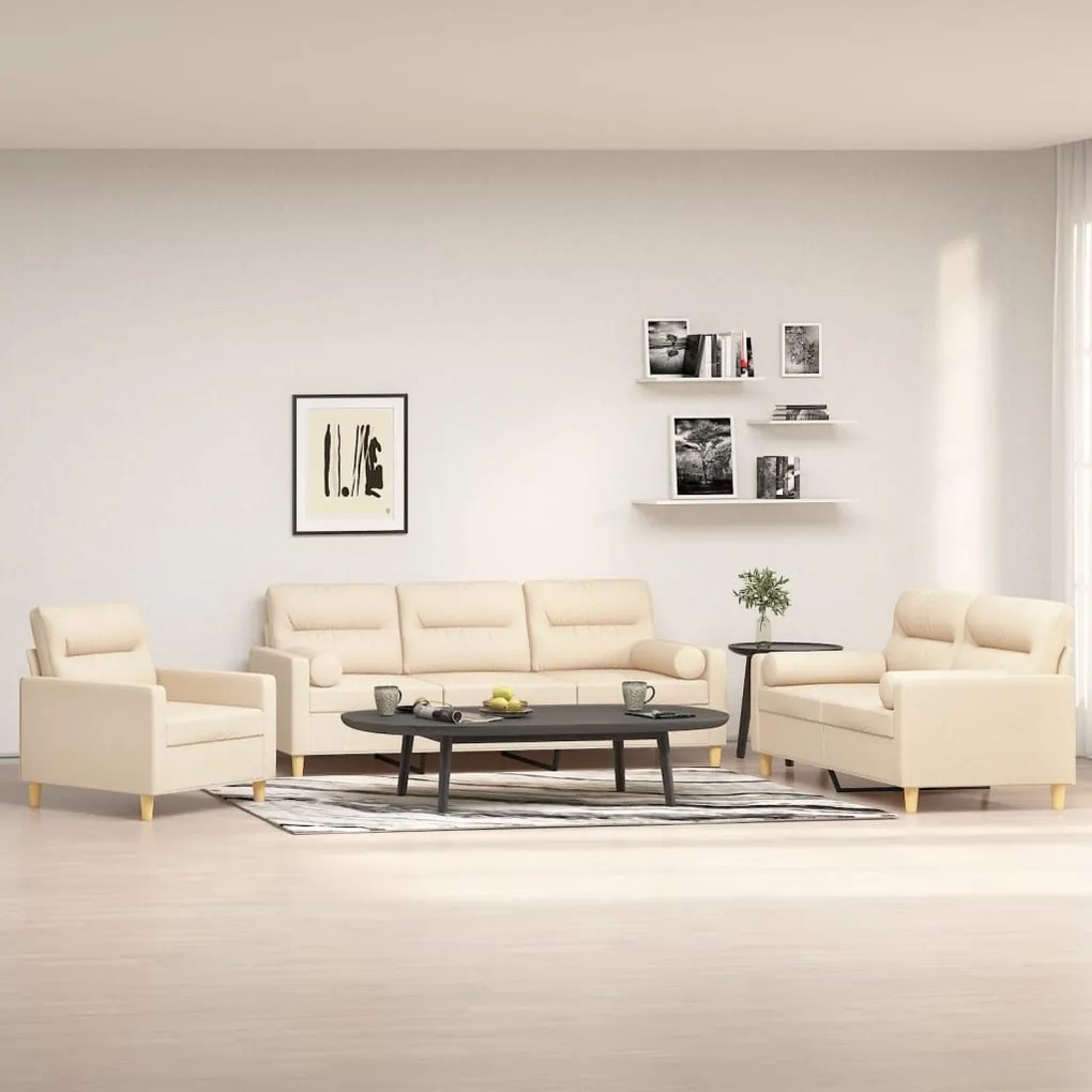 vidaXL 3 pcs conjunto de sofás c/ almofadões tecido cor creme