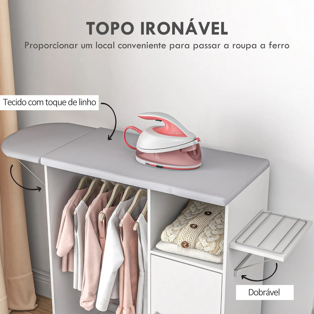 Móvel de Engomar de Madeira com Rodas Barra para Pendurar Roupa Prateleira Aberta e Tábua Dobrável 107x42,5x99 cm Branco