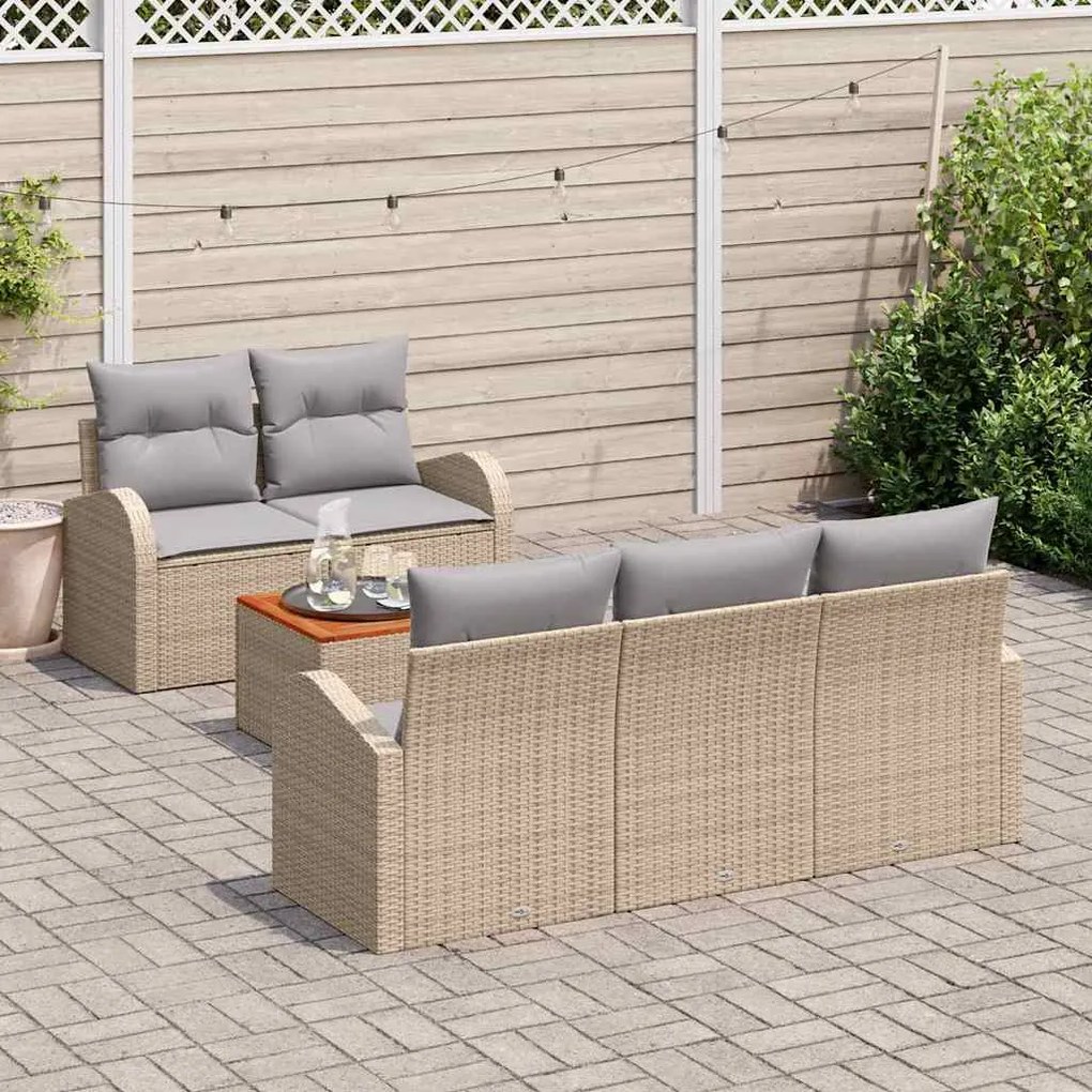 Sofa de Jardim 6 peças com Almofadas Bege em Rattan Sintético e Madeir