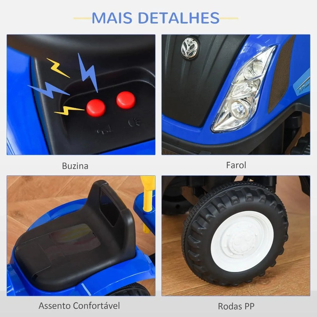 Trator andarilho para Crianças de 12-36 Meses com Reboque Removível Carro Andador com Buzina Farol Pá e Ancinho Carga 25kg 91x29x44cm Azul