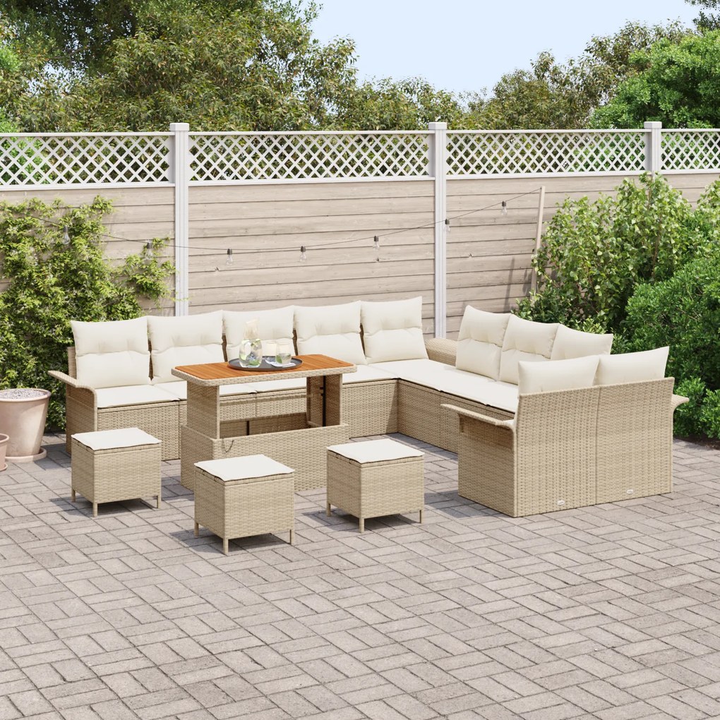 Conjunto de Sofá de Jardim com 14 Peças e Almofadas Bege Rattan Acácia