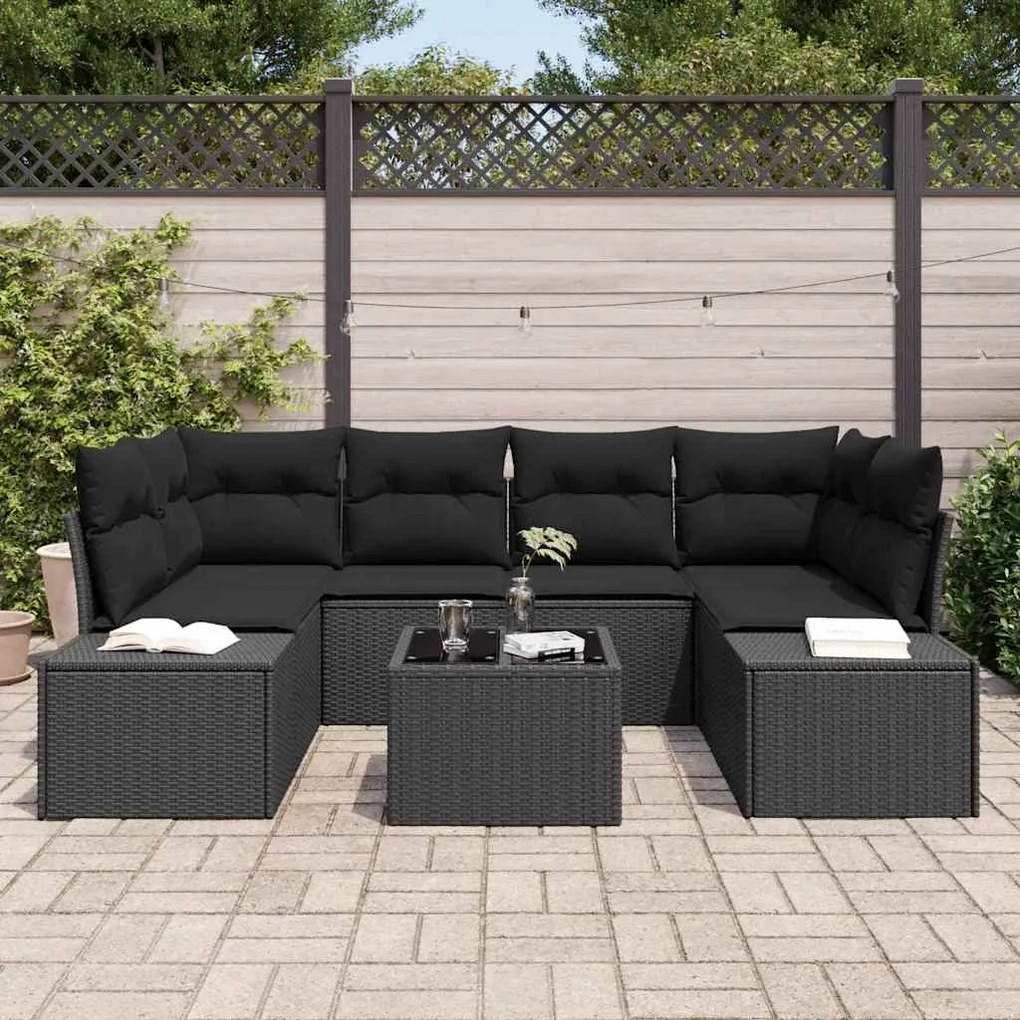 Conjunto de Sofá de Jardim com 7 Peças e Almofadas Pretas em Rattan