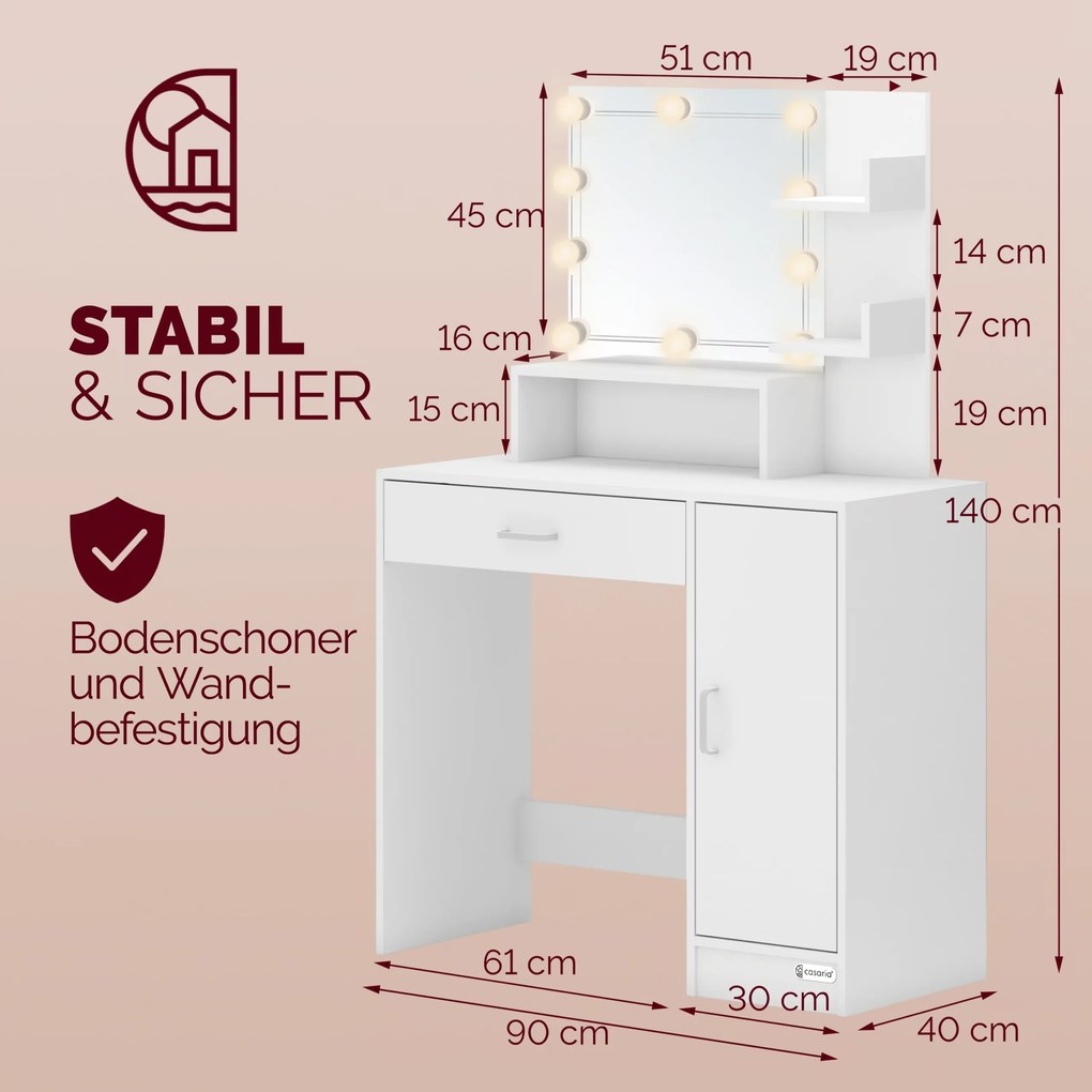 Toucador de maquilhagem Jocelyn 140x90x40cm, com iluminação LED e banco com rodas branco