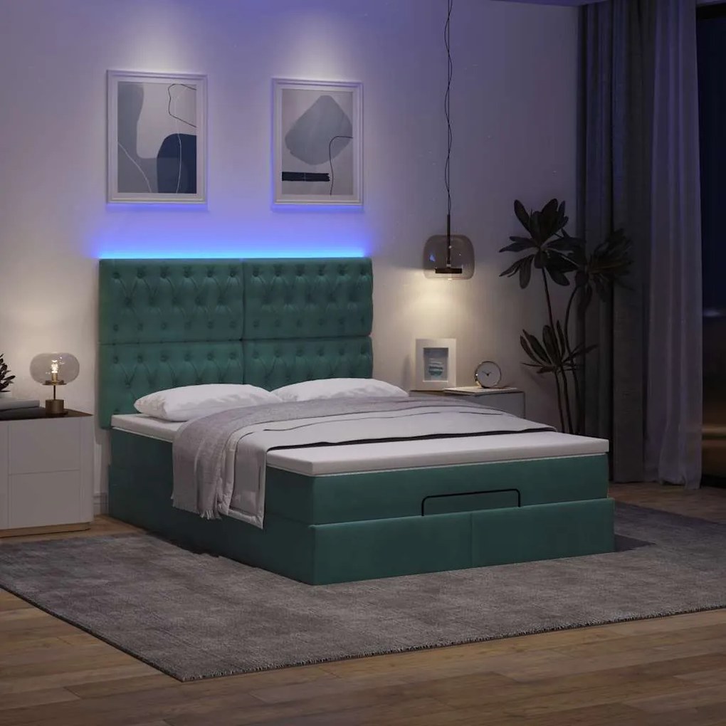 Estrutura cama otomana colchões 140x200 cm veludo verde escuro
