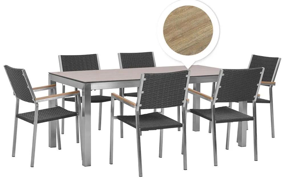 Conjunto de mesa com tampo efeito de madeira 180 x 90 cm e 6 cadeiras em rattan preto GROSSETO Beliani