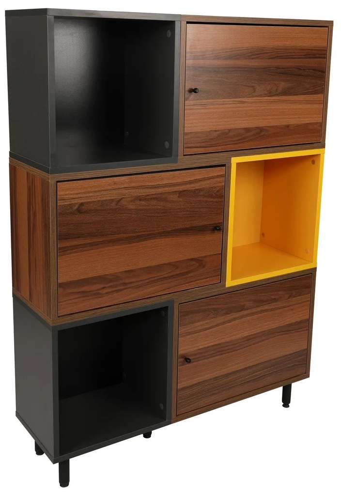 Estante Bengu – Nogueira, Antracite, Amarelo – 110x140x30 cm