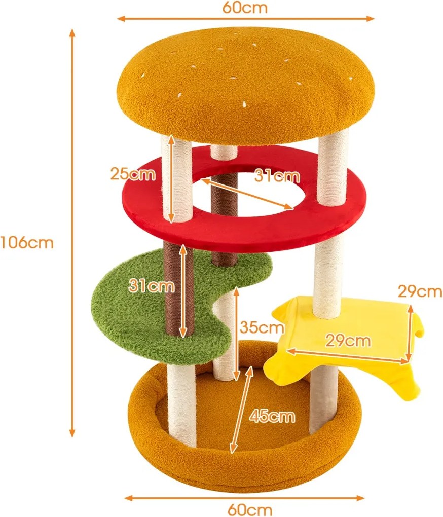 Arranhador para gatos 106 cm  com poleiro acolchoado Cama ampla Postes para arranhar em sisal Almofadas felpudas Casinha temática multicolorido