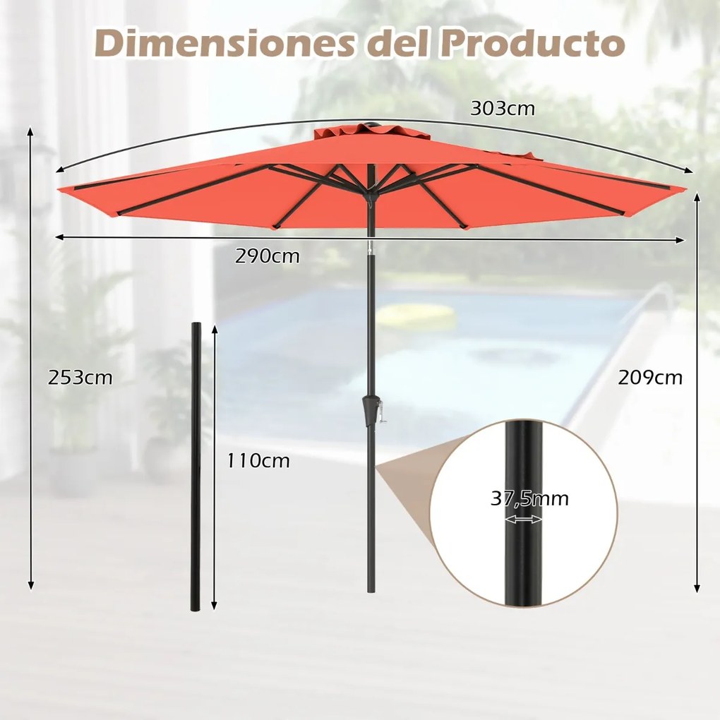 Guarda-sol 303 cm com mecanismo de inclinação de 25° e manivela, 8 varetas reforçadas para terraço, sem base Laranja