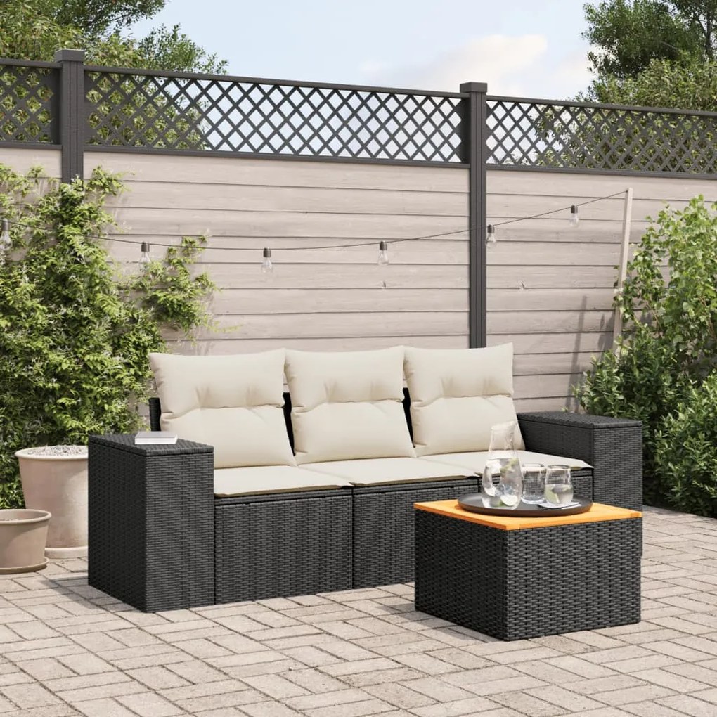 4 pcs conjunto de sofás para jardim c/ almofadões vime PE preto