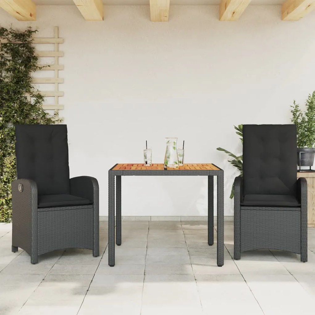 3 pcs conjunto de jantar p/ jardim c/ almofadões vime PE preto