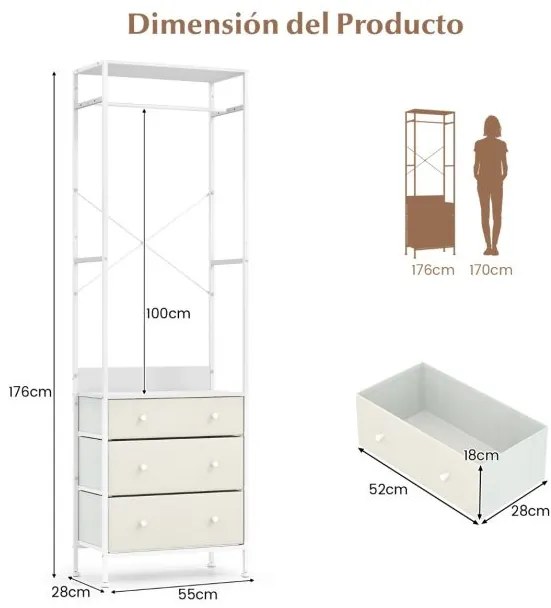 Guarda Roupa com gavetas com barra para pendurar e prateleiras para entrada do quarto 55 x 28 x 176 cm Branco