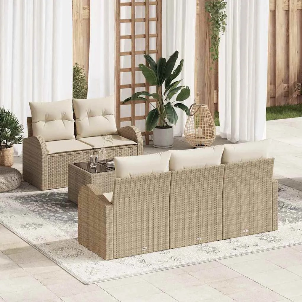 Conjunto de Sofá de Jardim de 6 Peças com Almofadas Bege de Vime