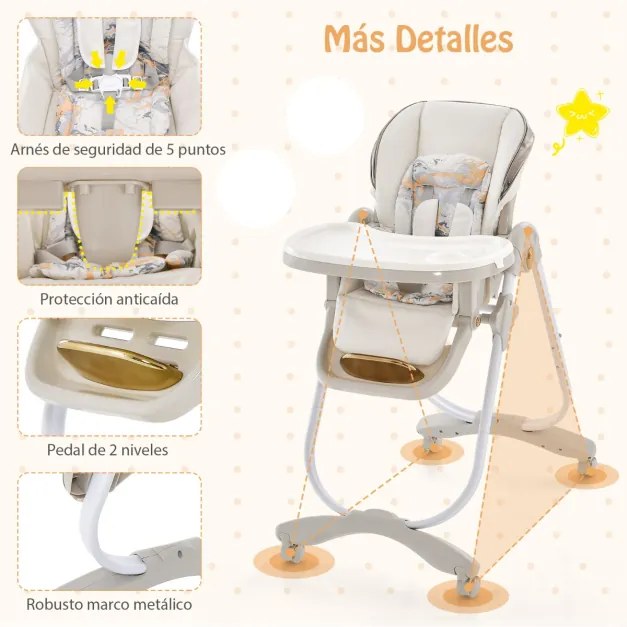 Cadeira alta dobrável para bebés com rodas Altura e reclinação Ajustável Apoio para os pés em 3 posições e tabuleiro duplo 96,5 x 55 x 99-109 cm Cinze