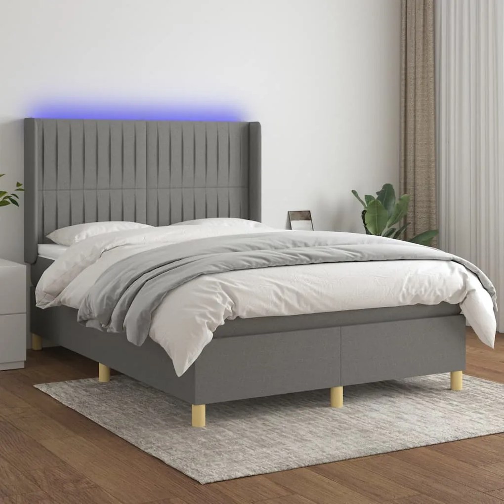 Cama box spring c/ colchão e LED 140x190 cm tecido cinza-escuro