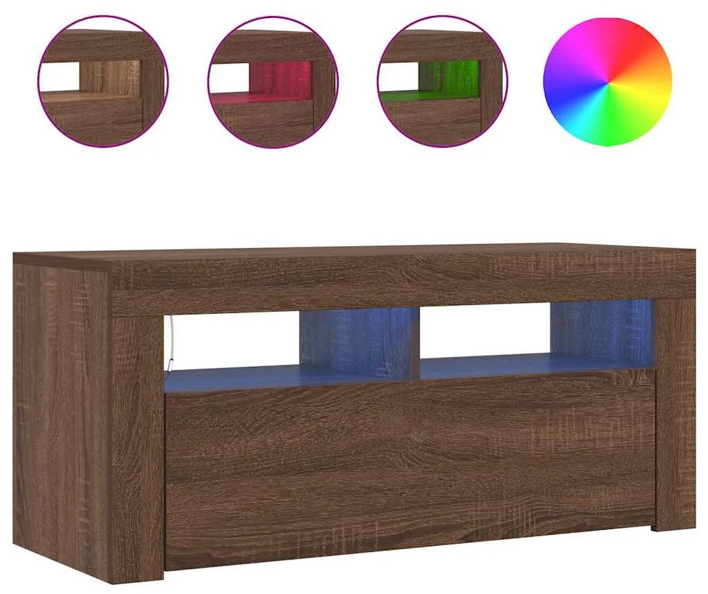 Móvel de TV com luzes LED 90x35x40 cm carvalho castanho