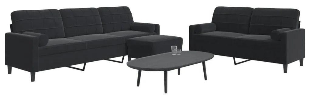 3 pcs conjunto de sofás com almofadões e rolos veludo preto