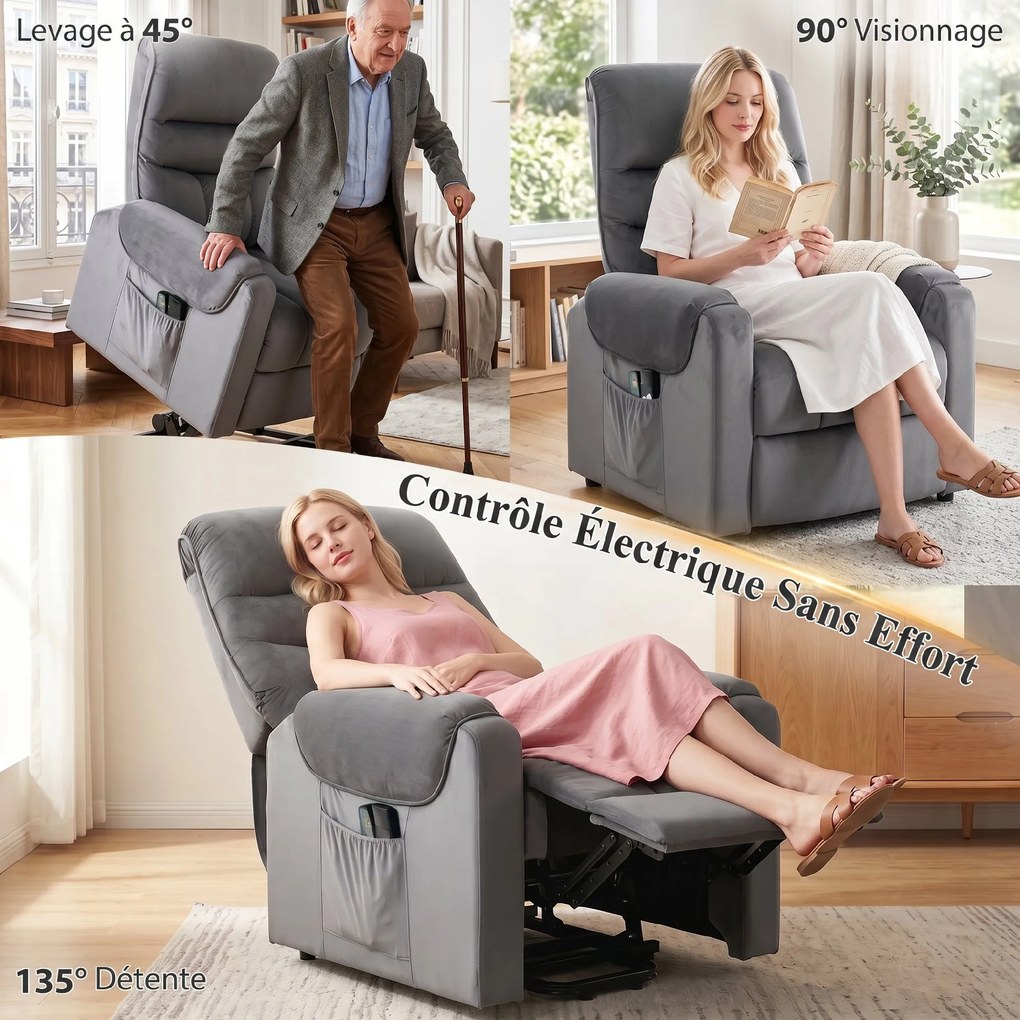 Poltrona elevatória elétrica com massagem, vibração e aquecimento, poltrona de relaxamento elétrica em veludo, cinzento escuro