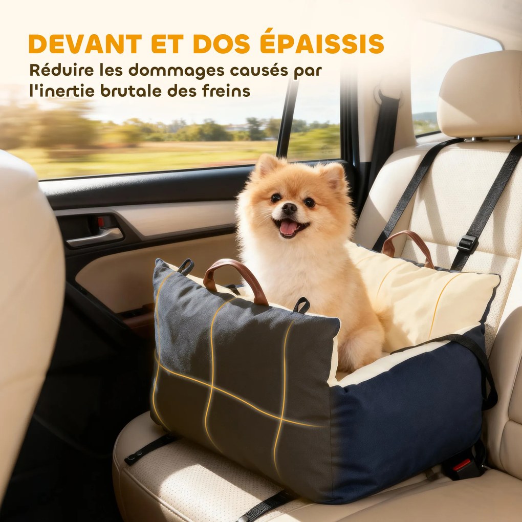 Assento de carro para cães  49x53x36 cm com cinto de segurança e sistema de fixação ao banco do carro, almofadado, azul-marinho