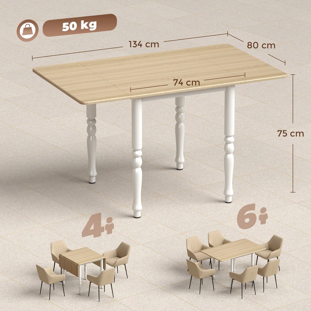 Mesa de jantar dobrável para 2 a 6 pessoas, 74-134 cm (CADEIRAS NÃO INCLUIDAS), mesa de cozinha com 2 abas, pés em aço, madeira natural