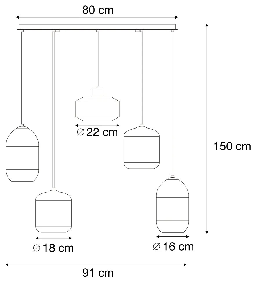 Candeeiro suspenso moderno preto com vidro fumado 5-luzes - Sheena Moderno