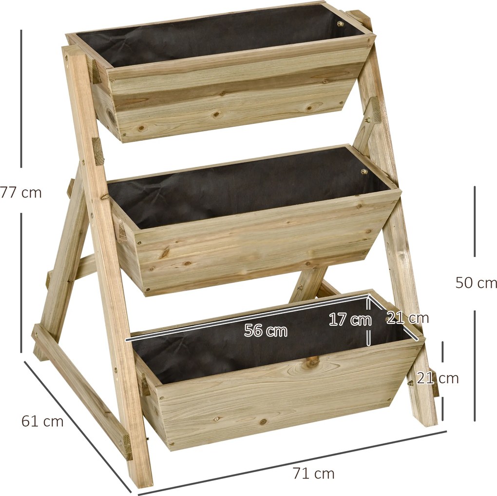 Floreira de Escada de 3 Níveis Horta de Madeira com Tecido não tecido e Orifícios de Drenagem Horta para Plantas Flores Ervas 71x61x77cm Madeira Natur
