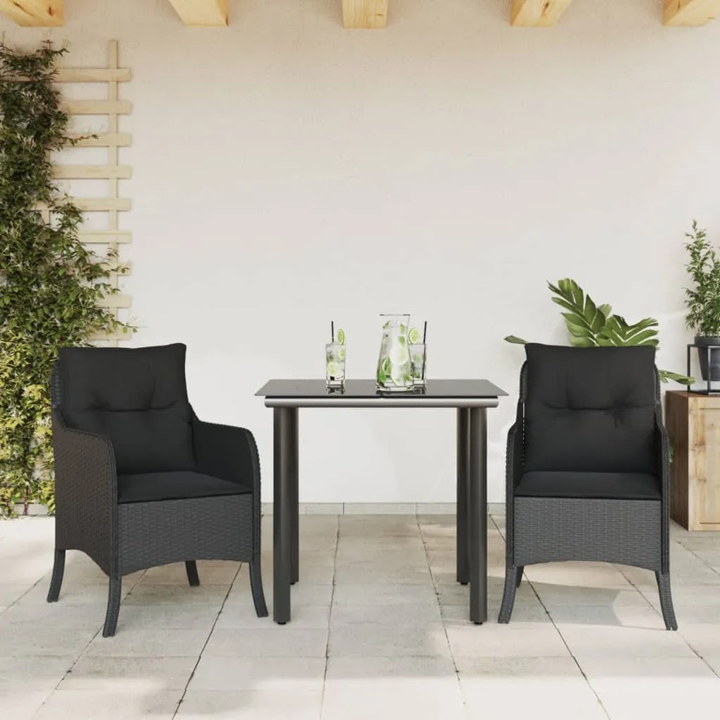 3 pcs conjunto de jantar p/ jardim c/ almofadões vime PE preto