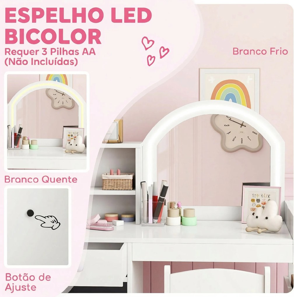 Toucador Infantil com Banqueta e Espelho com Luzes LED 1 Gaveta, Armário e 5 Prateleiras Branco