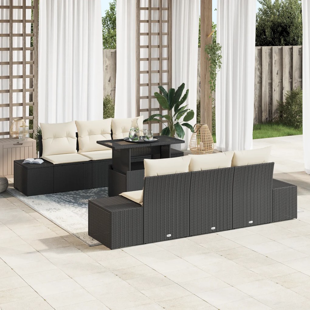 Conjunto de Sofá de Jardim de 7 Peças com Almofadas Preto de Rattan Po