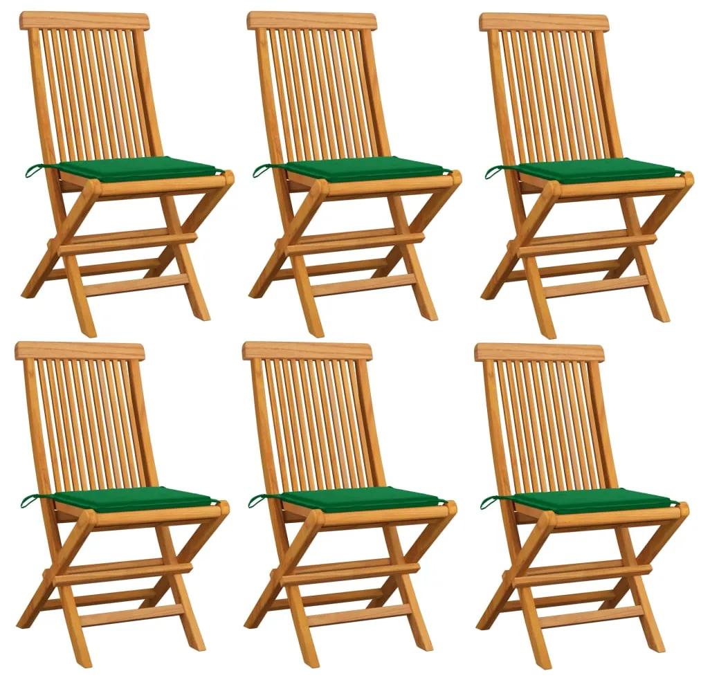 Cadeiras de jardim c/ almofadões verdes 6 pcs teca maciça