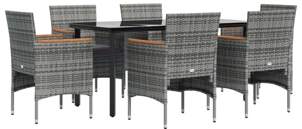 7 pcs conjunto de jantar p/ jardim c/ almofadões cinza e preto