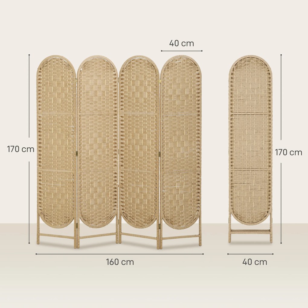 Biombo Separador de 4 Painéis 160x170 cm Painel de Privacidade Dobrável Boémio com Topo Arqueado Entrançado à Mão Madeira