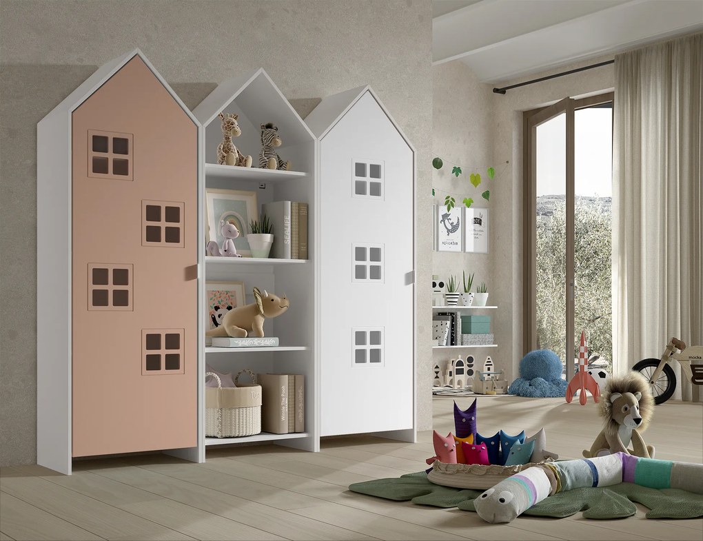 Conjunto 2 armarios Guarda Roupa infantil + estante infantil coleção CASAMI Branco e Rosa
