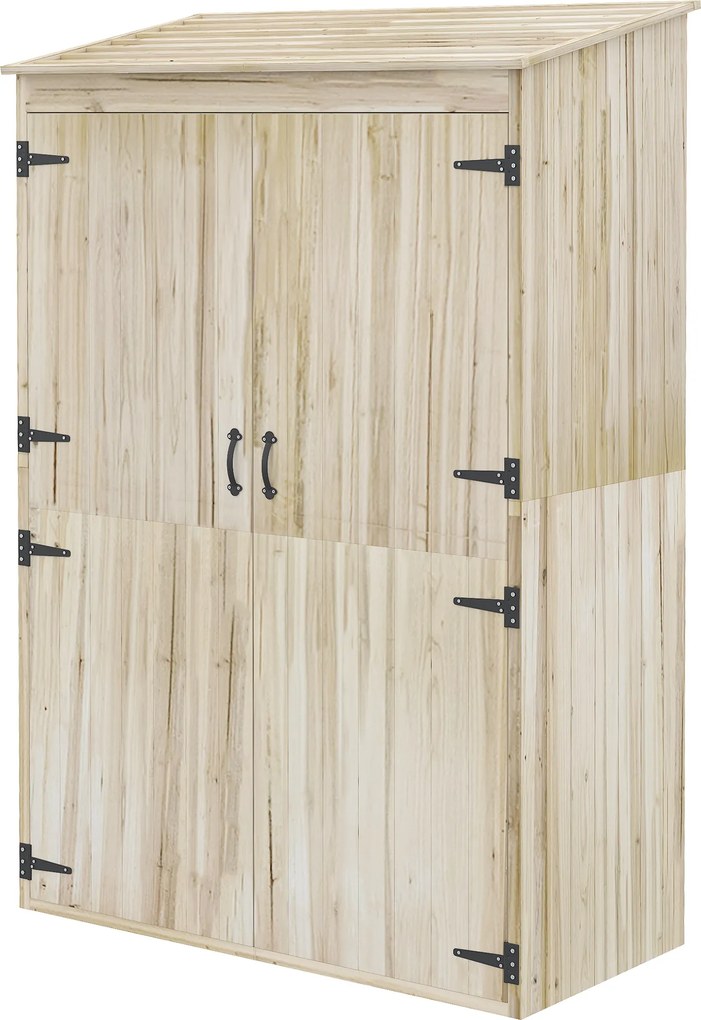 Armário de jardim, armário de arrumação em madeira, 2 prateleiras, 2 portas, telhado inclinado, 120 x 57 x 183 cm, madeira natural