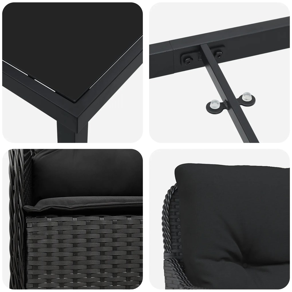 Conjunto de Jantar de Jardim com Almofadas Preto Rattan Poliéster