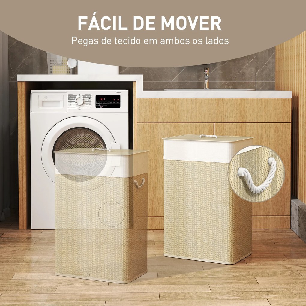 Cesto de Roupa com Tampa 72L Cesto de Roupa de Bambu com Bolsa Interior Removível e Alças 40x30x60 cm Bege e Creme