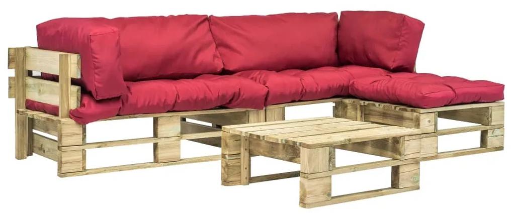 Sofá de paletes jardim 4 pcs almofadões vermelhos madeira