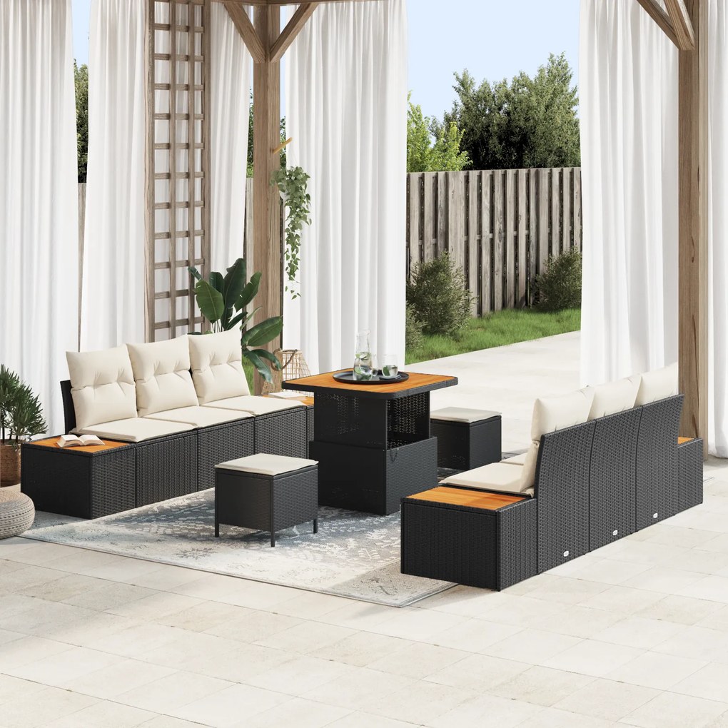 Conjunto de Sofá de Jardim vidaXL 9 Peças com Almofadas Preto Poliratt