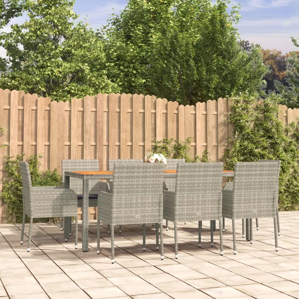 vidaXL 9 pcs conjunto de jantar p/ jardim c/ almofadões vime PE cinza